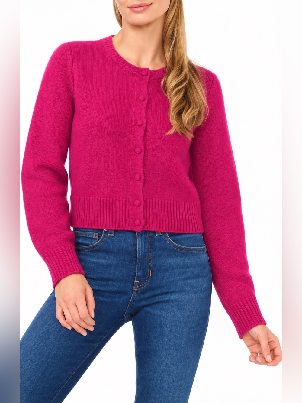 CeCe Button-Front Crewneck Cardigan - Fuchsia